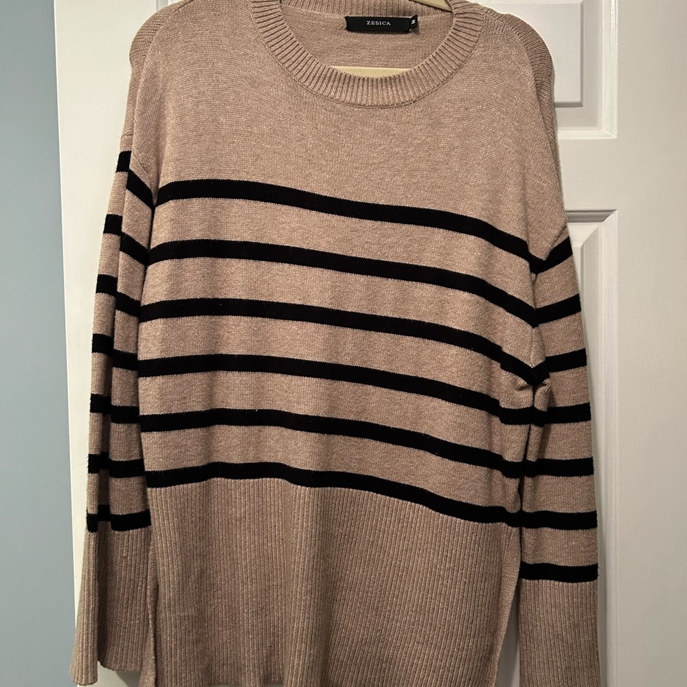 Zesica Tan and Black Striped Crewneck Sweater
